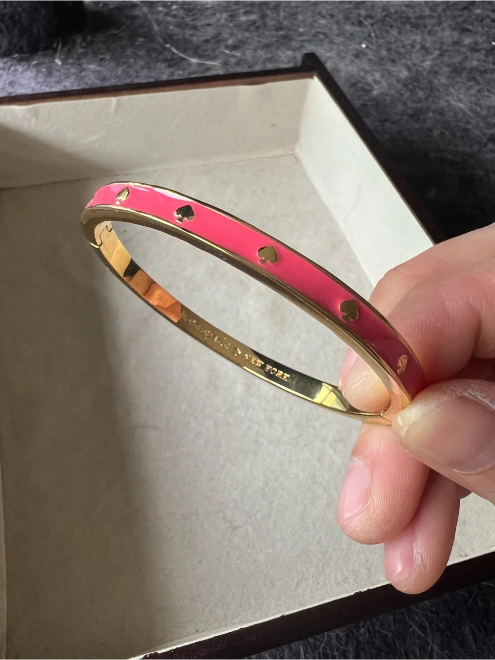 Kate Spade Gold-Tone Pink Heart Accent Bangle Bracelet - Picture 1 of 3